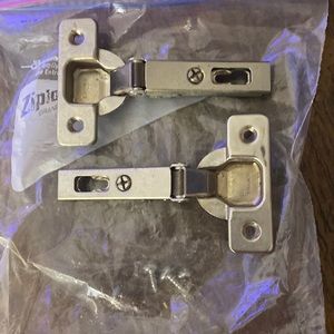 Two cabinet hinges with extra screws in side, the bag